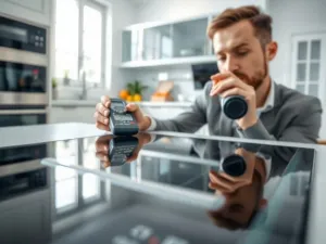 Mężczyzna trzymający zużytą deskę panelu podłogowego przy kontenerze na odpady, obrazujący problem utylizacji starych podłóg.
