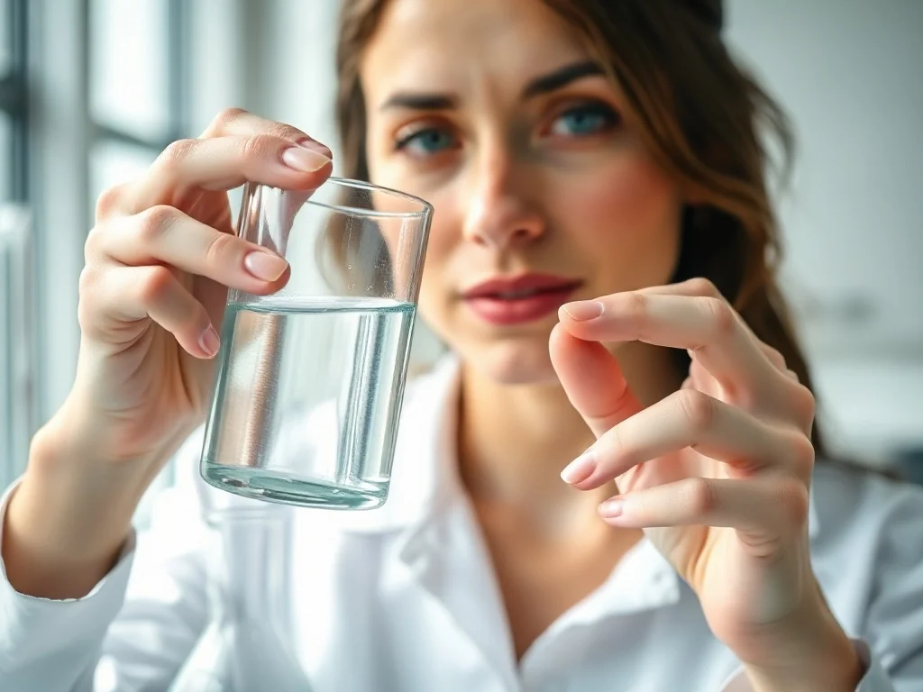 Kobieta w laboratorium sprawdza klarowność próbki wody pobranej do szklanego naczynia w celu jej profesjonalnej analizy.