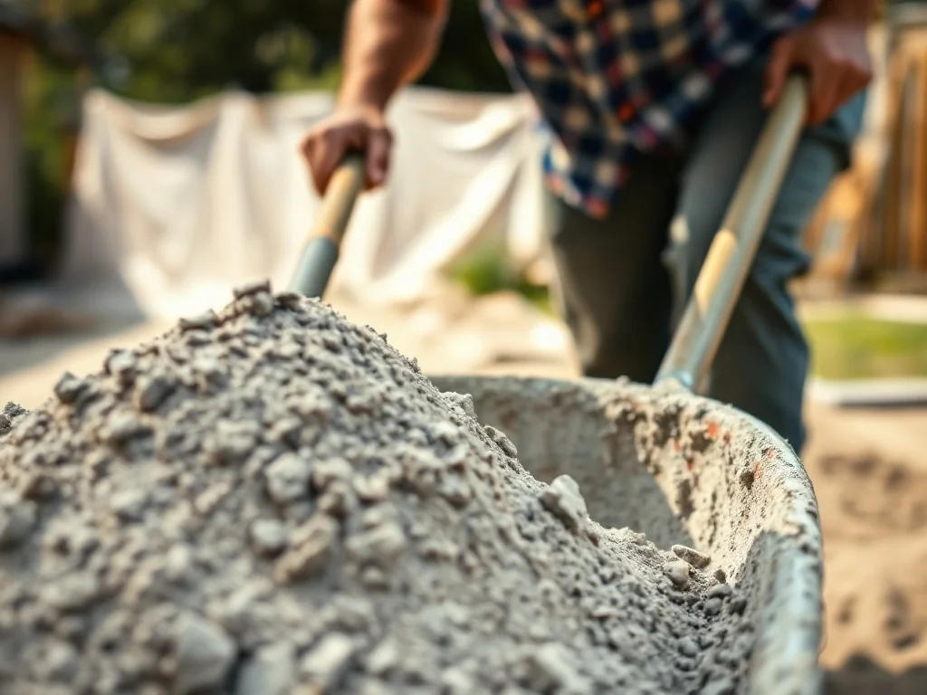 Mężczyzna mieszający łopatą suchy beton w taczce na placu budowy. Widoczne składniki mieszanki: cement i piasek.