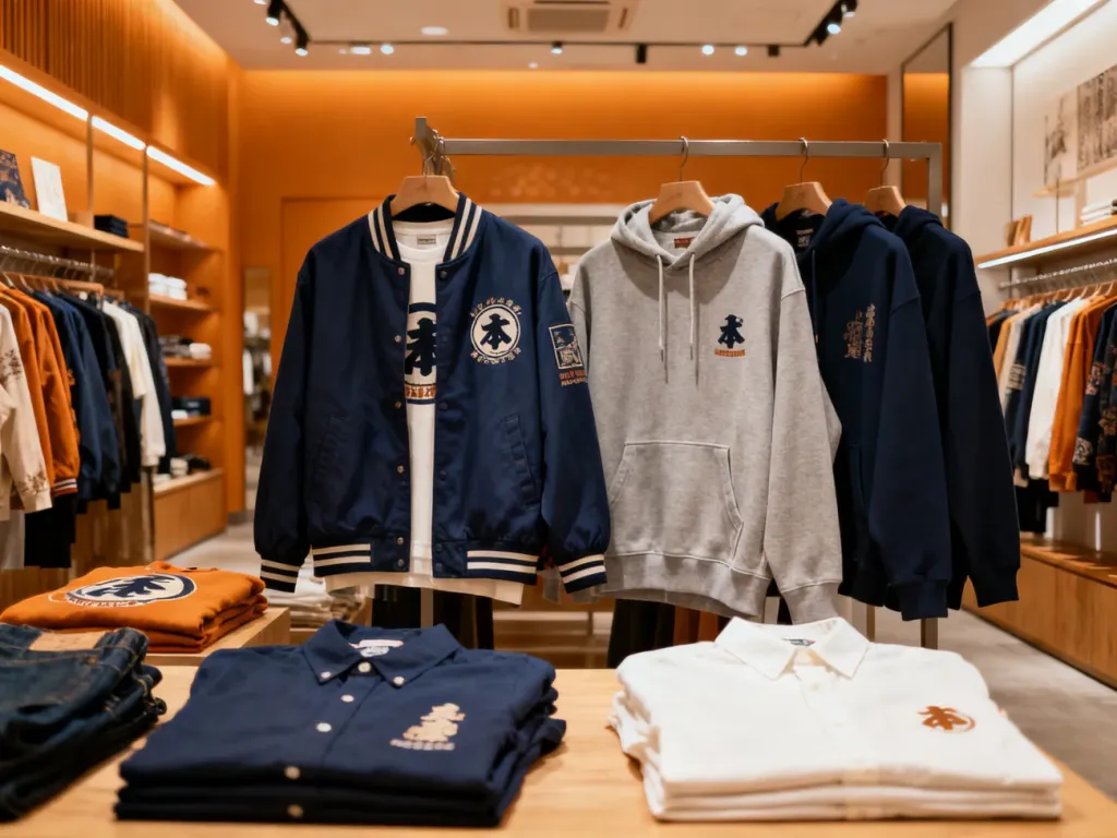 Elegancka ekspozycja odzieży marki Superdry z kurtkami i bluzami w stylu vintage oraz japońskimi akcentami.