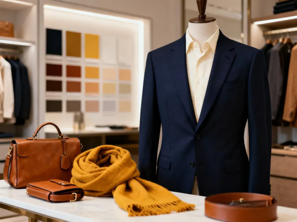Elegancka stylizacja z granatową marynarką, kremową koszulą, musztardowym szalem i koniakowymi dodatkami.
