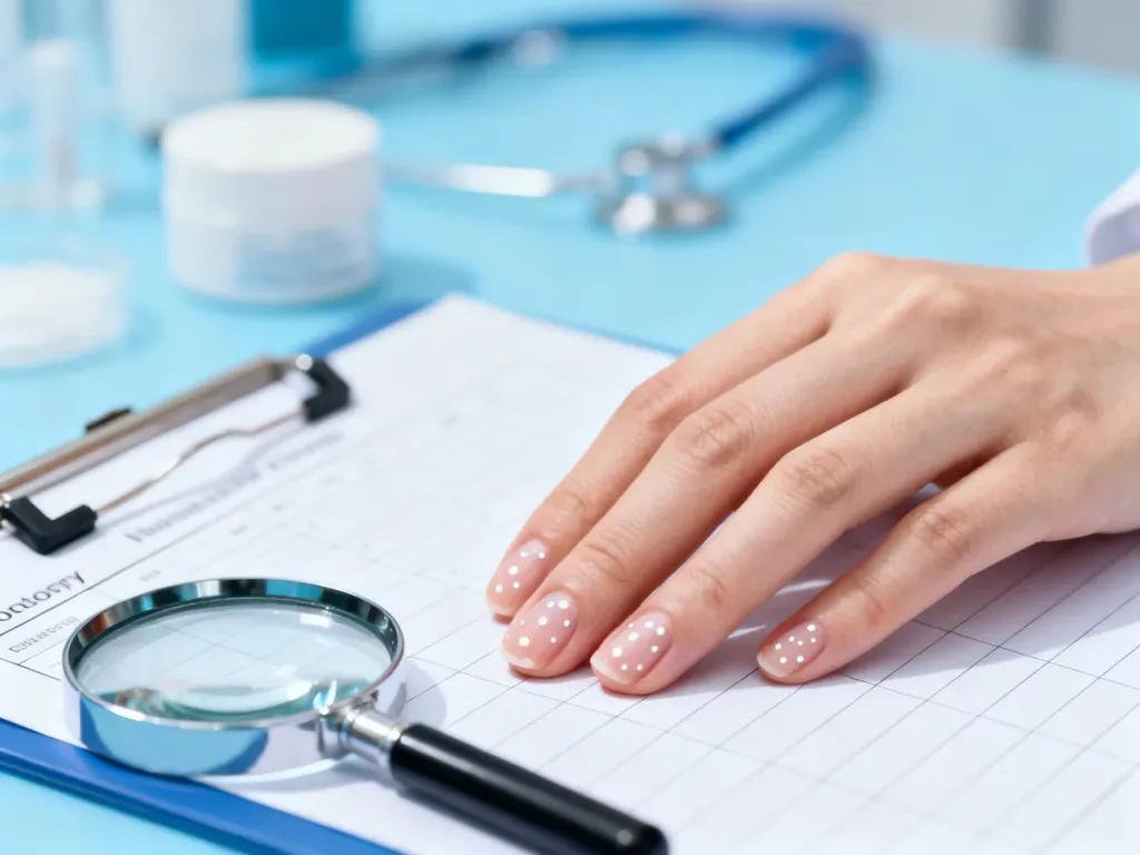 Zadbana dłoń z widocznymi białymi plamkami na paznokciach obok lupy i wykresu dermatologicznego w gabinecie lekarskim.