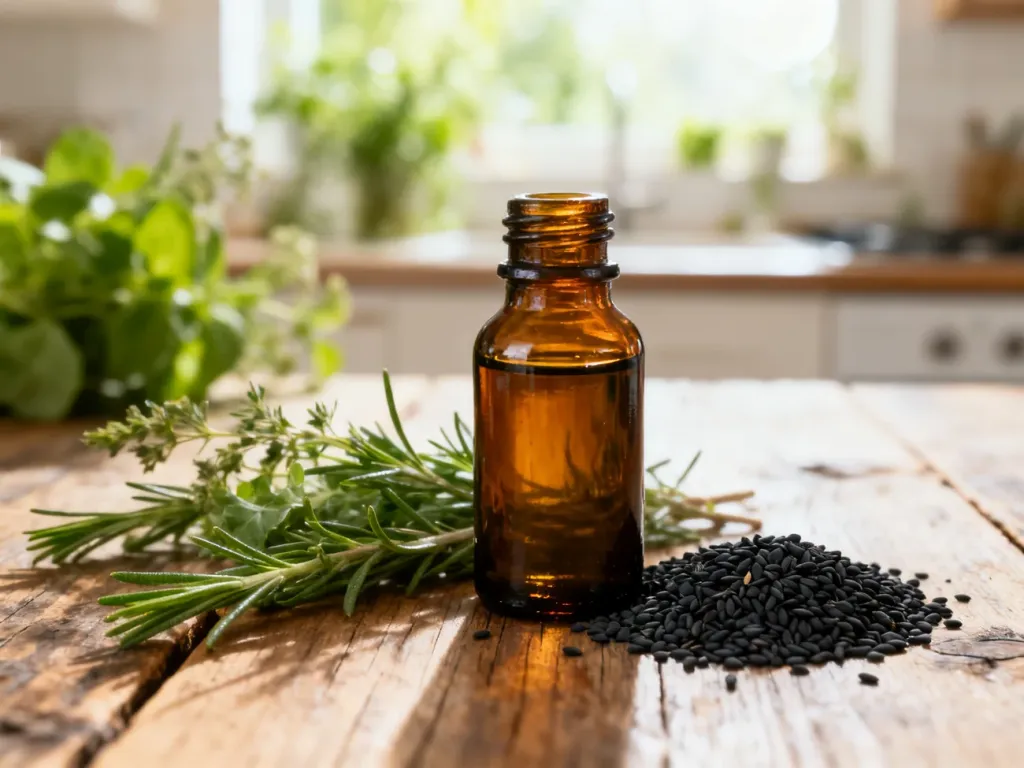 Szklana butelka z olejem z czarnuszki oraz nasiona rośliny na drewnianym stole, podkreślające naturalne właściwości produktu.