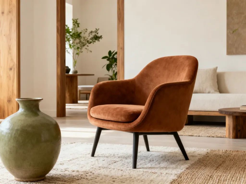 Elegancki salon z fango fotelem i ceramicznym wazonem, utrzymany w ciepłej, minimalistycznej palecie barw.