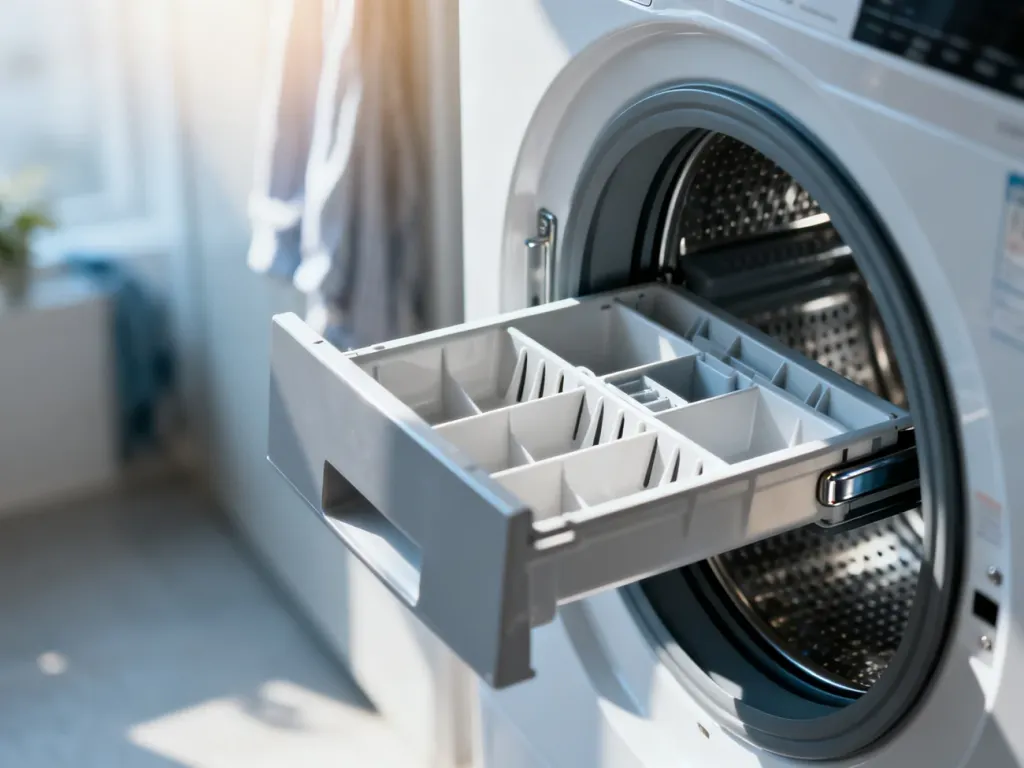 Otwarta komora na detergent w pralce ładowanej od góry, wskazująca miejsce dozowania proszku.