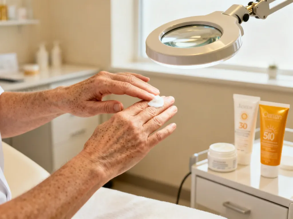 Dłonie z widocznymi plamami starczymi podczas nakładania kremu nawilżającego w gabinecie dermatologicznym.