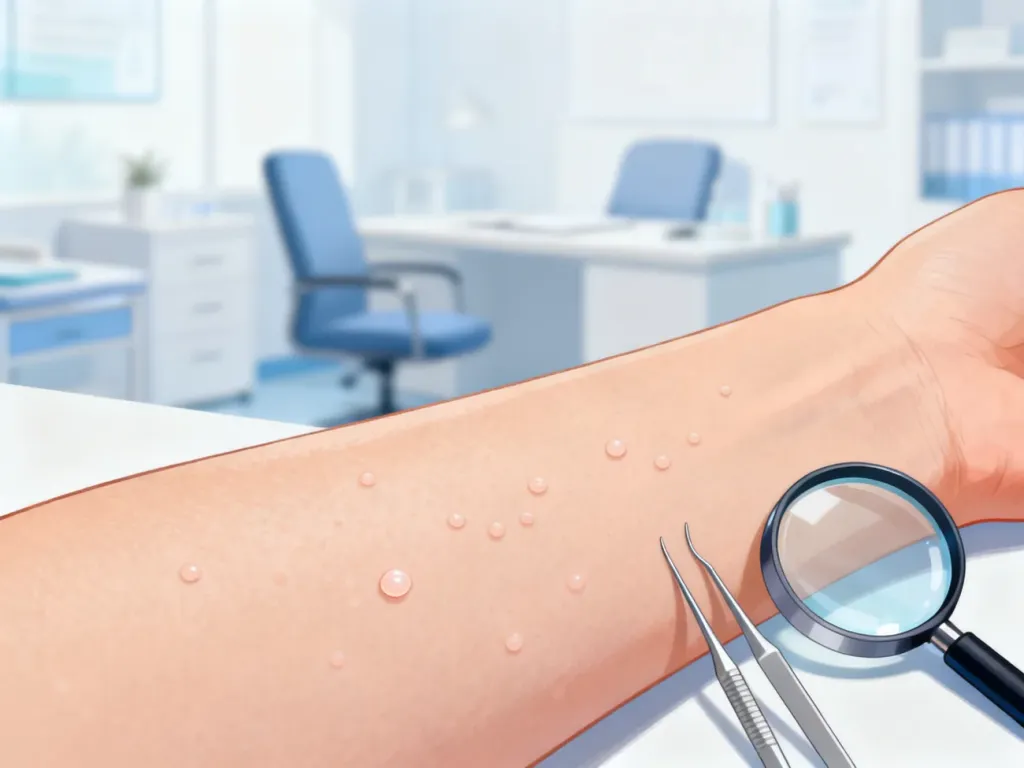 Ilustracja medyczna przedstawiająca plamki Fordyce’a na skórze oraz narzędzia dermatologiczne w profesjonalnym gabinecie.