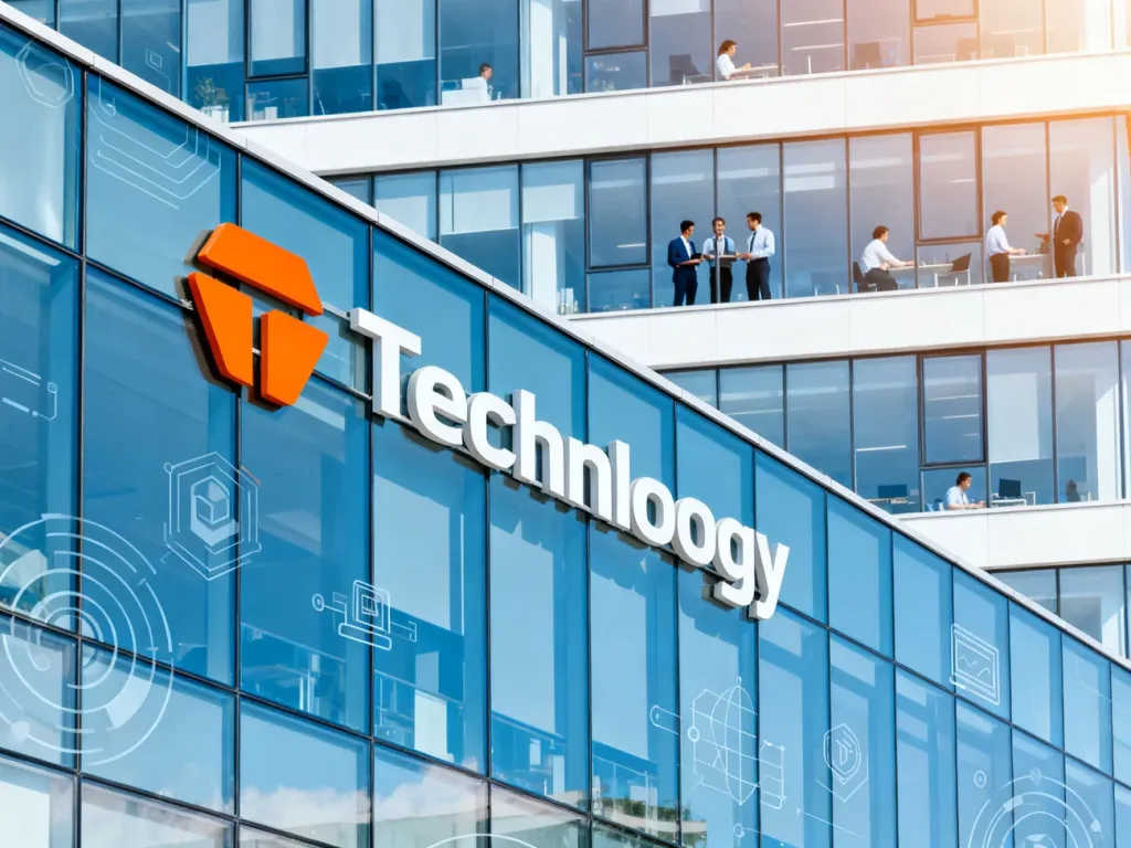 Nowoczesny biurowiec firmy technologicznej z przeszkloną fasadą, symbolizujący profesjonalizm i innowacyjne usługi.