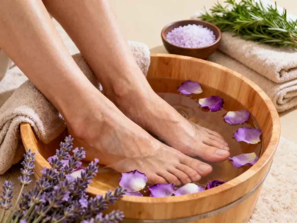 Stopy zanurzone w drewnianej misce z wodą, ziołami i płatkami kwiatów, tworzące relaksującą atmosferę domowego spa.