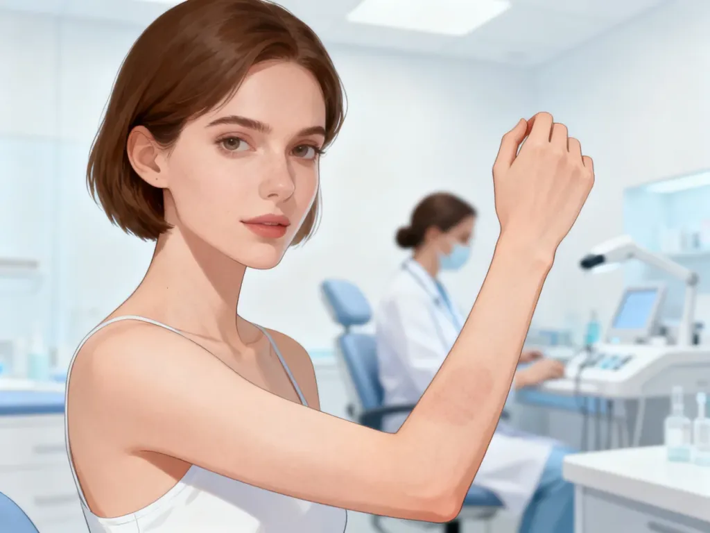 Ilustracja medyczna przedstawiająca kobietę z widocznymi odbarwieniami skóry na przedramieniu w gabinecie dermatologicznym.