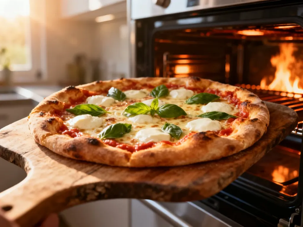 Domowa pizza z roztopioną mozzarellą i bazylią na drewnianej łopacie, wyjęta prosto z rozgrzanego piekarnika.