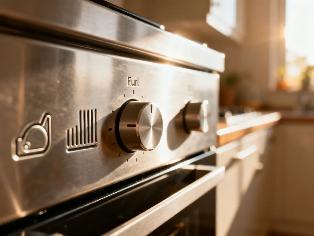 Panel sterowania nowoczesnego piekarnika z wyraźnymi symbolami funkcji, takimi jak termoobieg i grill.
