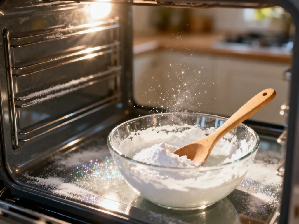 Wnętrze czystego piekarnika oraz miseczka z domową pastą czyszczącą z sody i octu na kuchennym blacie.