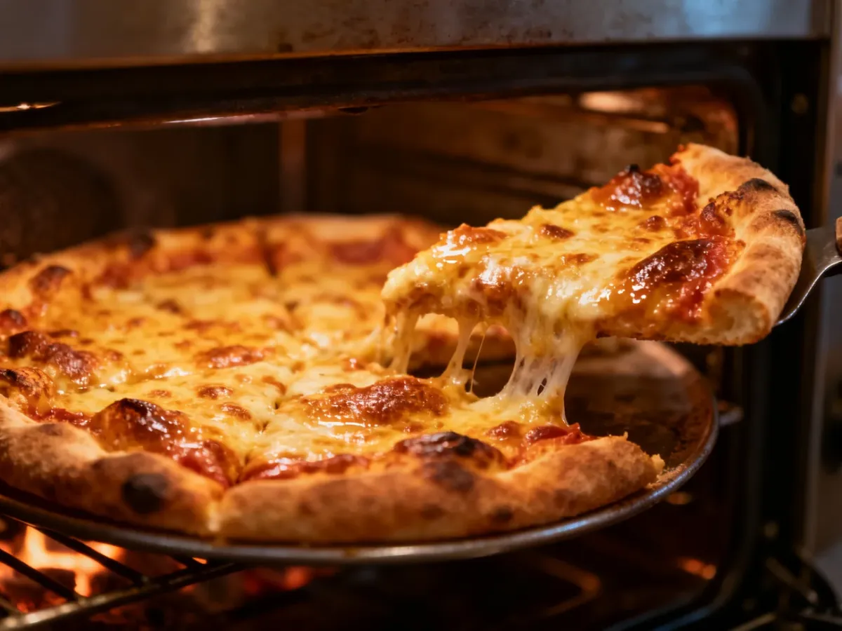 Gotowa pizza z chrupiącym, zrumienionym spodem i roztopionym serem