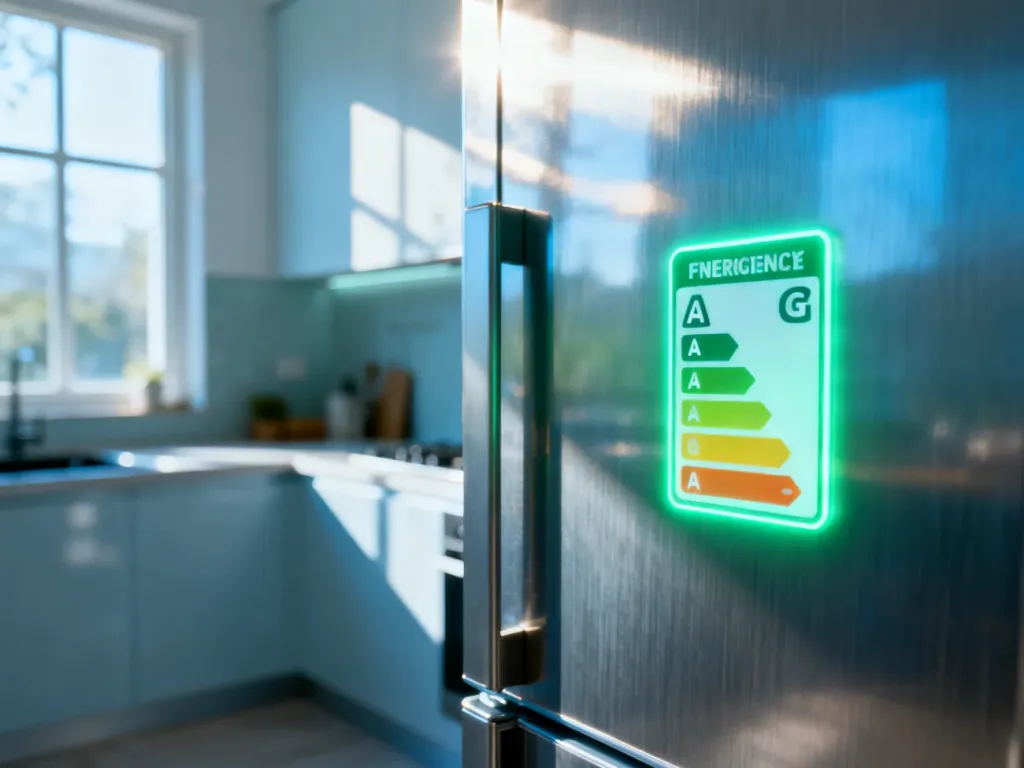 Nowoczesna lodówka z widoczną ikoną klasy energetycznej w minimalistycznej kuchni, podkreślająca energooszczędność sprzętu.