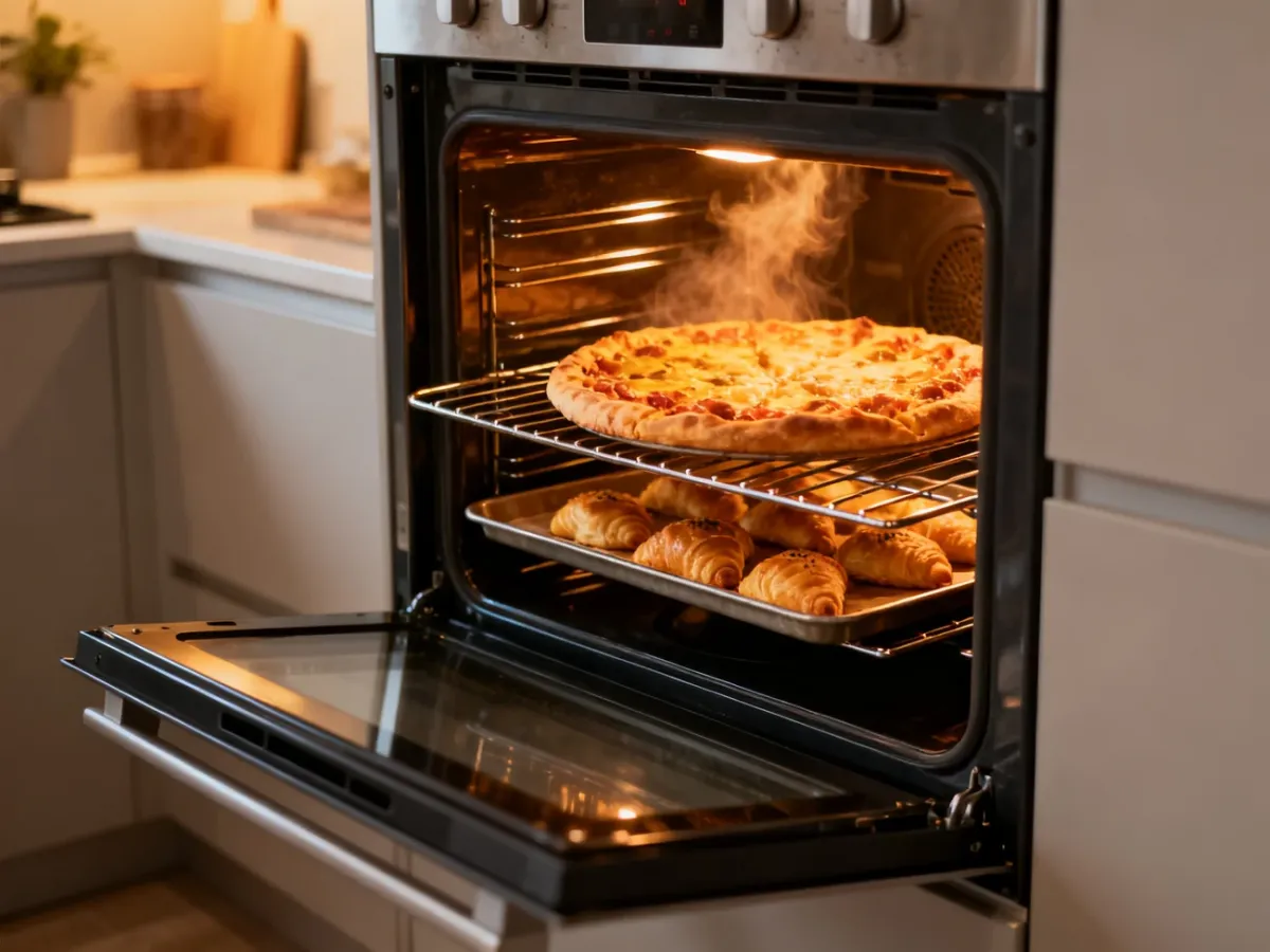 Piekarnik z termoobiegiem piekący pizzę i ciastka na kilku poziomach