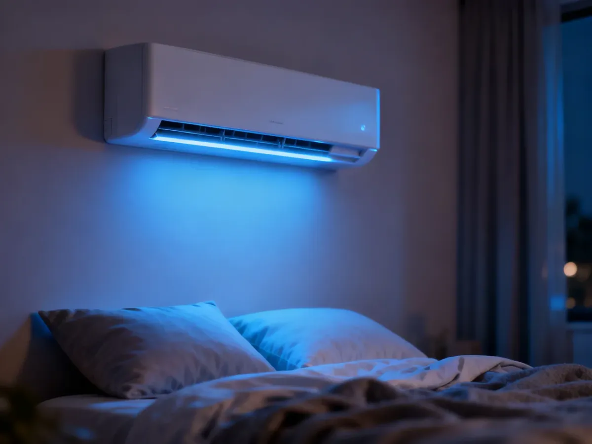Nowoczesny klimatyzator ścienny w sypialni z delikatnym niebieskim podświetleniem, tworzący spokojną atmosferę do snu.