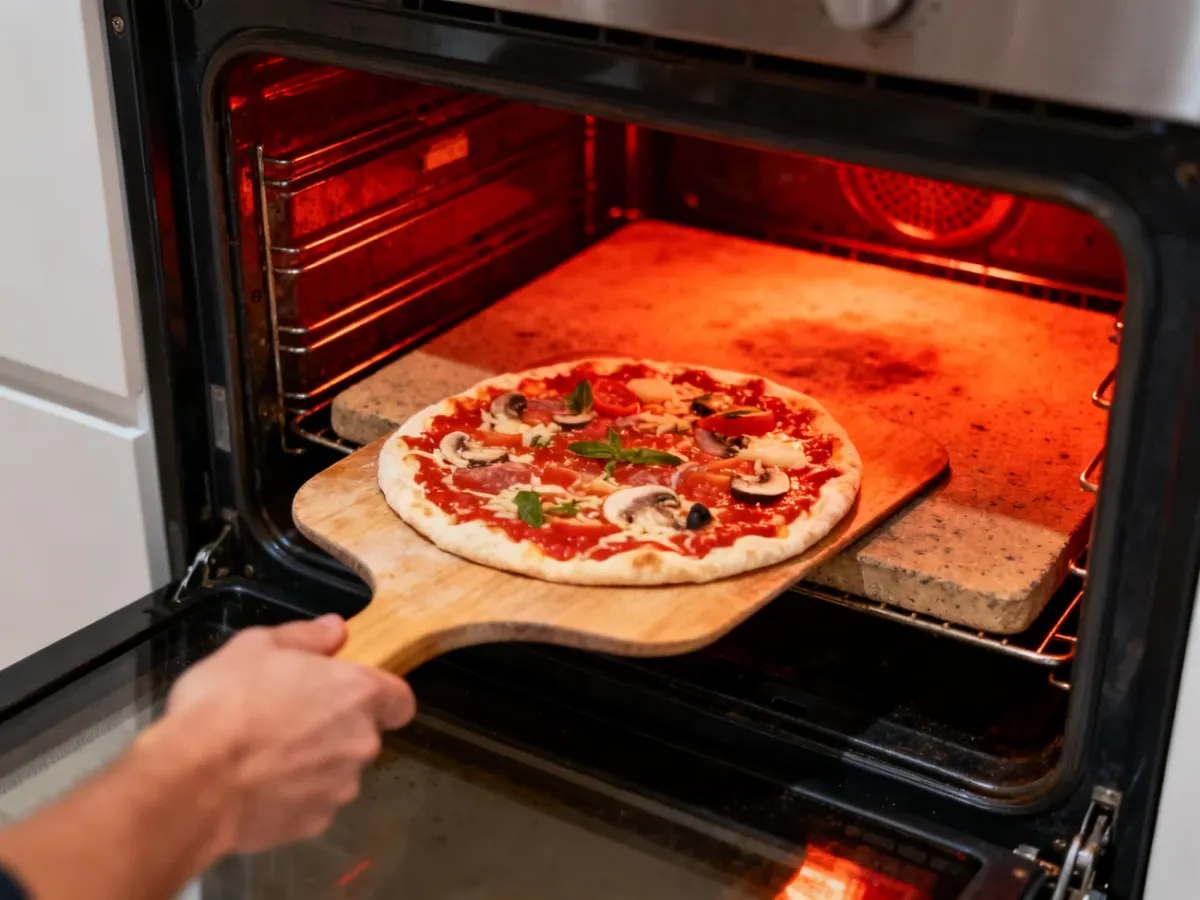 Wsuwanie pizzy na rozgrzany kamień za pomocą łopatki