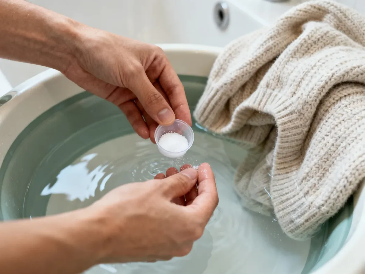 Rozpuszczanie odmierzonego detergentu w letniej wodzie przed praniem ręcznym